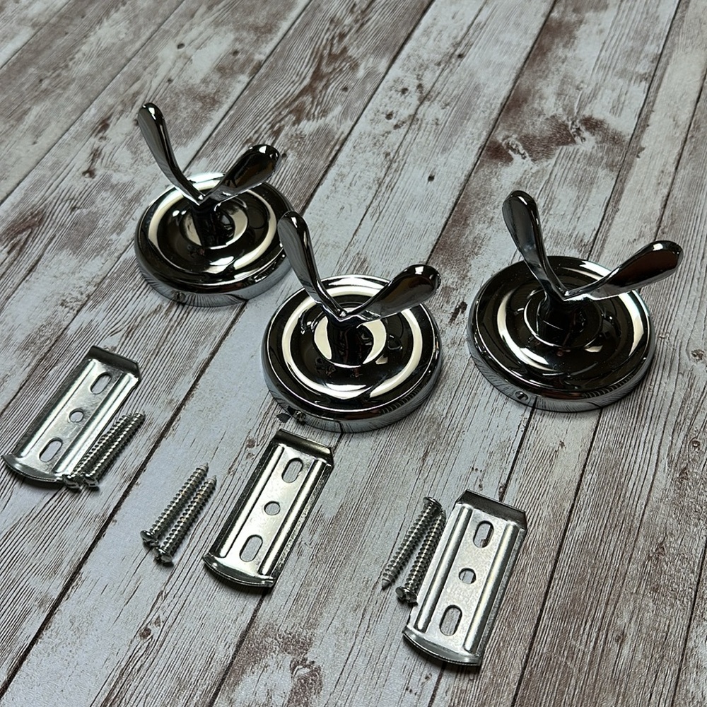 Double Robe Hooks X 3 Chrome With All Attachments 2.75” X 2.75”